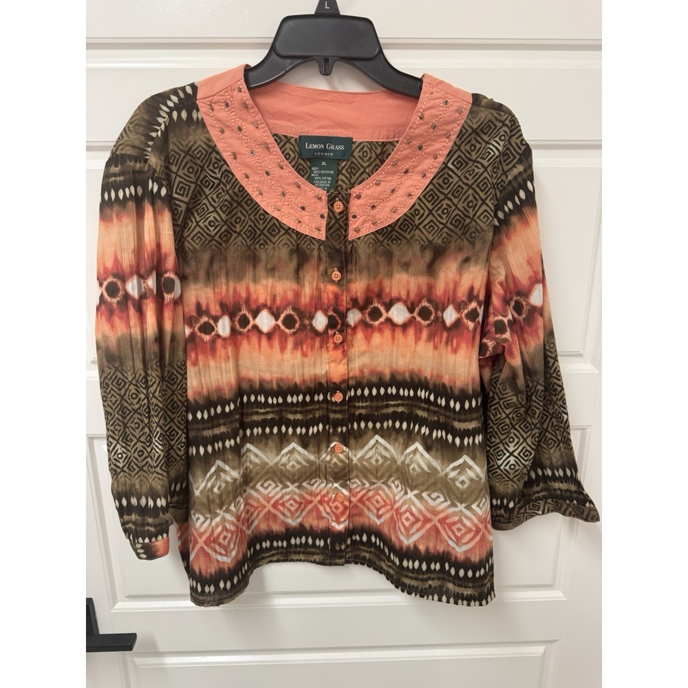 Lemon Grass Studio Blouse XL Artsy Button Front Multicolor Boho Geometric Top
